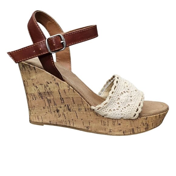 Maurices Shoes - Maurices Baritt Wedge Platform Boho Crochet Sandals Brown And Cream Size 8